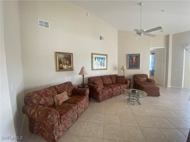 3054 Driftwood Way Unit 4508, Naples, FL 34109 - living room featuring high vaulted ceiling, light tile patterned floors, and ceiling fan