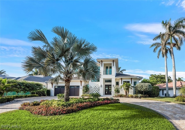 view of front of house with an attached garage, a front yard, decorative driveway, and stucco siding