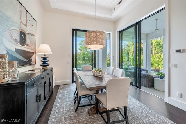 dining space with a wealth of natural light, dark hardwood / wood-style flooring, and a tray ceiling