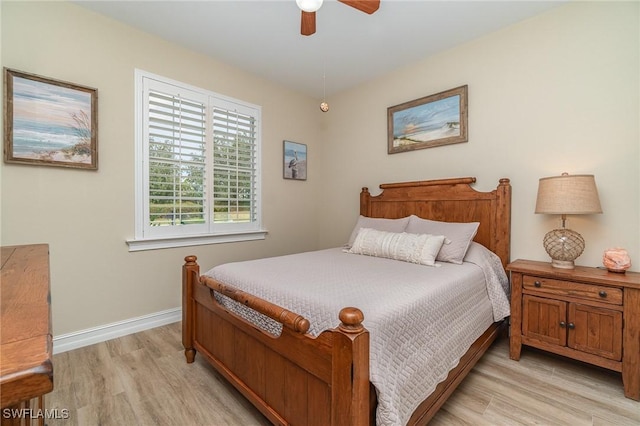 bedroom featuring ceiling fan and light wood-type flooring