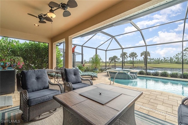 3200 Magnolia Landing Ln, North Fort Myers, FL 33917 - view of patio / terrace featuring a pool with connected hot tub, a ceiling fan, and glass enclosure