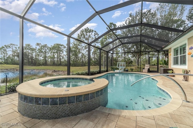 3200 Magnolia Landing Ln, North Fort Myers, FL 33917 - view of swimming pool featuring a pool with connected hot tub, a patio, and glass enclosure