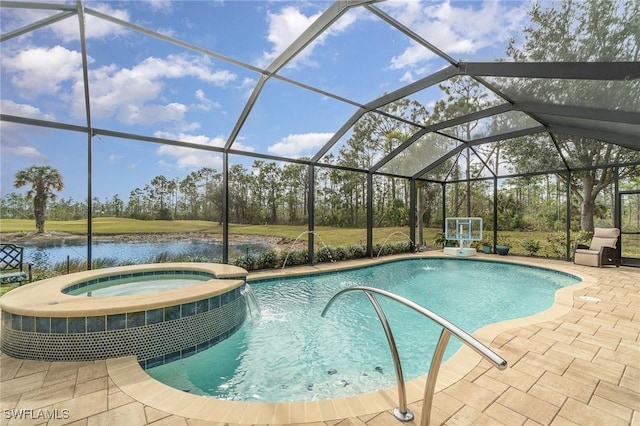 3200 Magnolia Landing Ln, North Fort Myers, FL 33917 - view of swimming pool featuring a pool with connected hot tub, a water view, a patio area, and a lanai