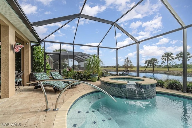 3200 Magnolia Landing Ln, North Fort Myers, FL 33917 - view of swimming pool with a water view, a patio, a pool with connected hot tub, and glass enclosure