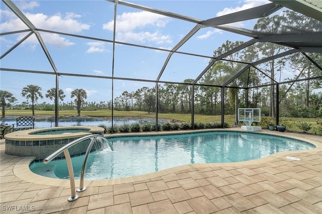 3200 Magnolia Landing Ln, North Fort Myers, FL 33917 - outdoor pool featuring an in-ground hot tub, a water view, a lanai, and a patio area
