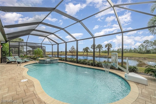 view of swimming pool featuring a patio, a water view, glass enclosure, pool water feature, and an in ground hot tub