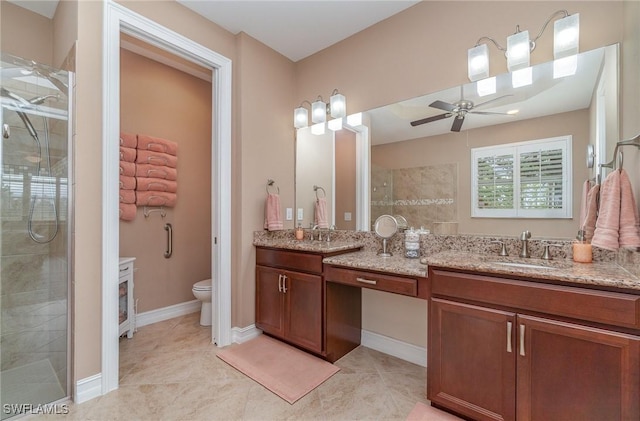 3200 Magnolia Landing Ln, North Fort Myers, FL 33917 - full bath with a stall shower, double vanity, a ceiling fan, and tile patterned flooring