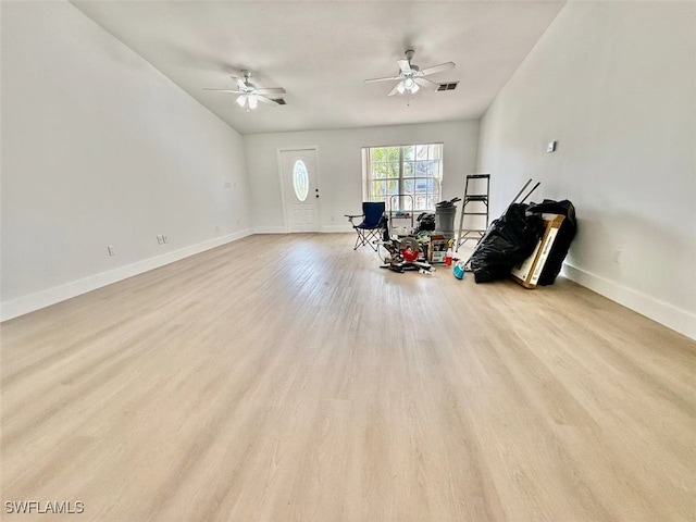 interior space with ceiling fan and light hardwood / wood-style flooring