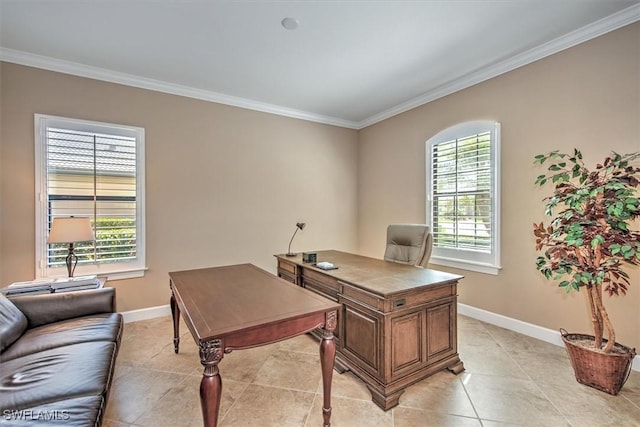 office area featuring crown molding and light tile patterned floors