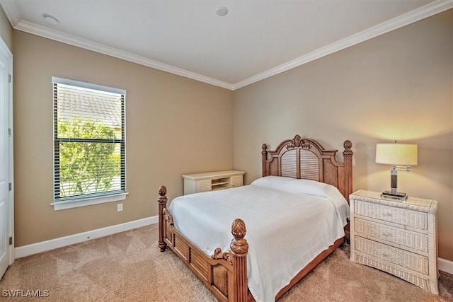 bedroom featuring light colored carpet and crown molding