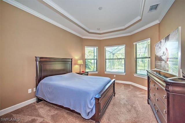 bedroom with light colored carpet, ornamental molding, and a raised ceiling