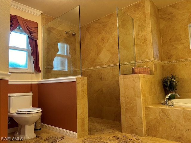 bathroom featuring independent shower and bath, toilet, and crown molding