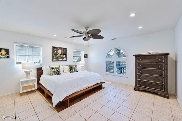 3131 Twin Lakes Ln, Sanibel, FL 33957 - bedroom with recessed lighting, light tile patterned floors, visible vents, and a ceiling fan