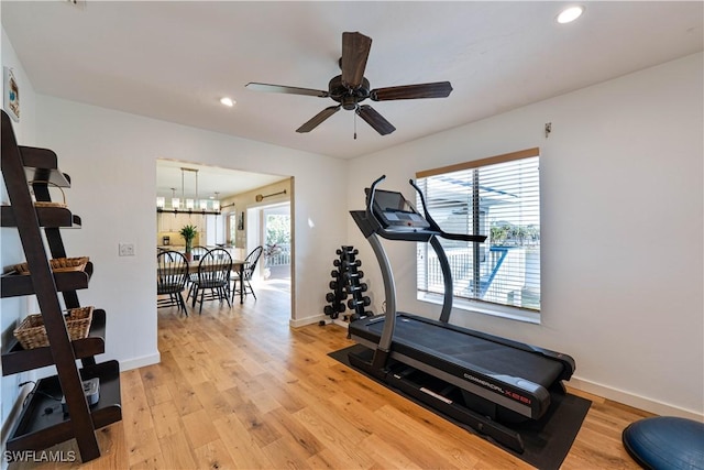 3131 Twin Lakes Ln, Sanibel, FL 33957 - exercise room with recessed lighting, light wood-style flooring, baseboards, and a ceiling fan