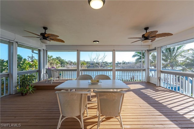 3131 Twin Lakes Ln, Sanibel, FL 33957 - sunroom featuring a ceiling fan, plenty of natural light, and a water view