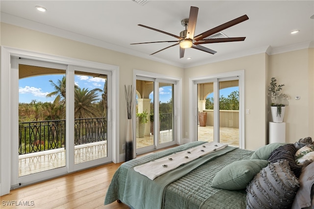 bedroom featuring access to exterior, ornamental molding, light hardwood / wood-style floors, and ceiling fan