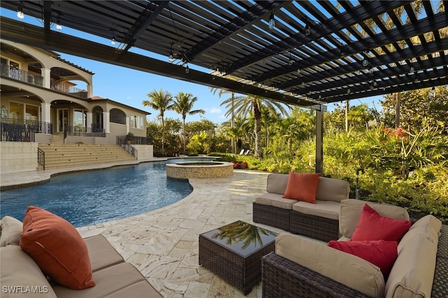 view of pool featuring an outdoor living space, an in ground hot tub, a patio, and a pergola