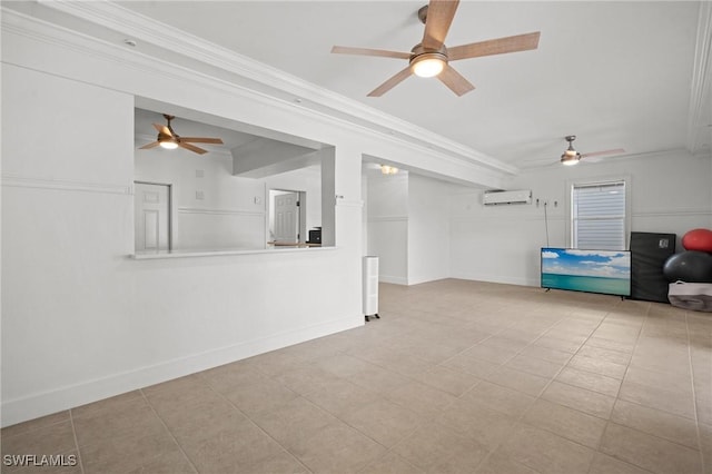 unfurnished living room featuring crown molding, baseboards, and a wall mounted AC