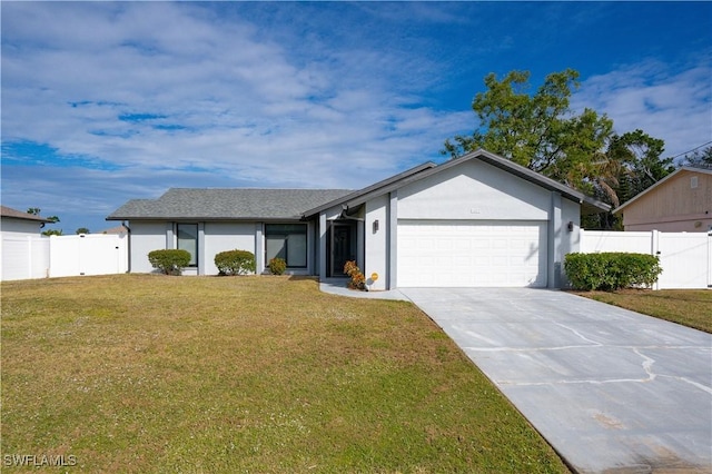 ranch-style home with a garage and a front lawn