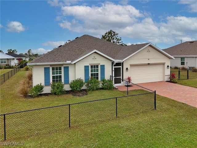 single story home featuring a garage and a front lawn