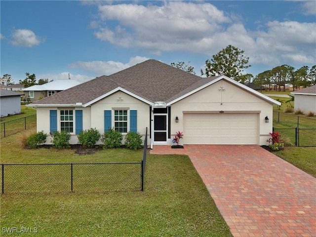 ranch-style house with a garage and a front yard