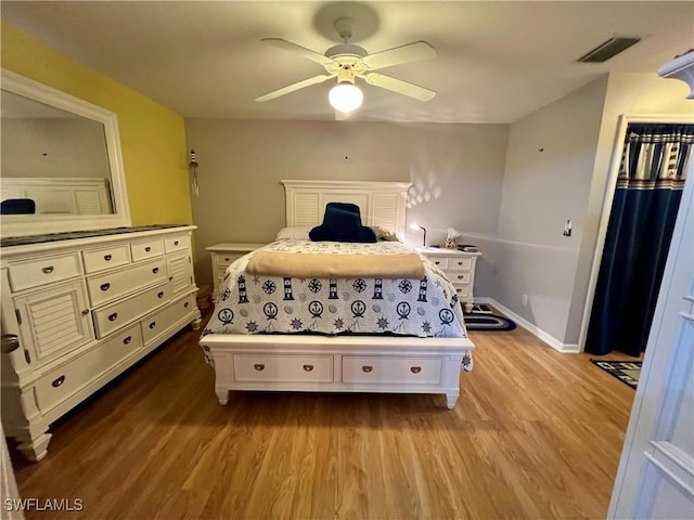 bedroom featuring ceiling fan and light hardwood / wood-style flooring