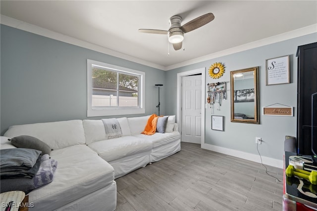 living room featuring ceiling fan, crown molding, and light wood-type flooring