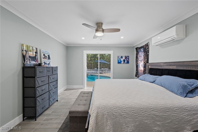 bedroom featuring ornamental molding, ceiling fan, a wall mounted AC, and access to exterior