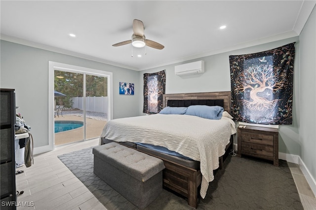 bedroom with ceiling fan, ornamental molding, access to outside, and a wall unit AC