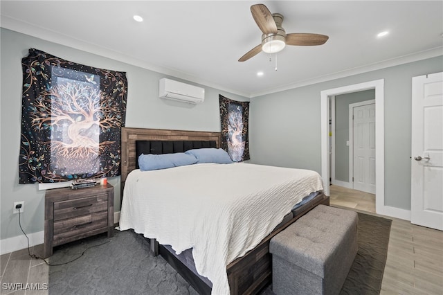 bedroom featuring ceiling fan, a wall mounted AC, and ornamental molding