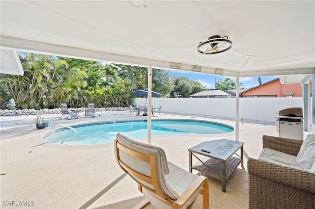 view of pool featuring a patio and grilling area