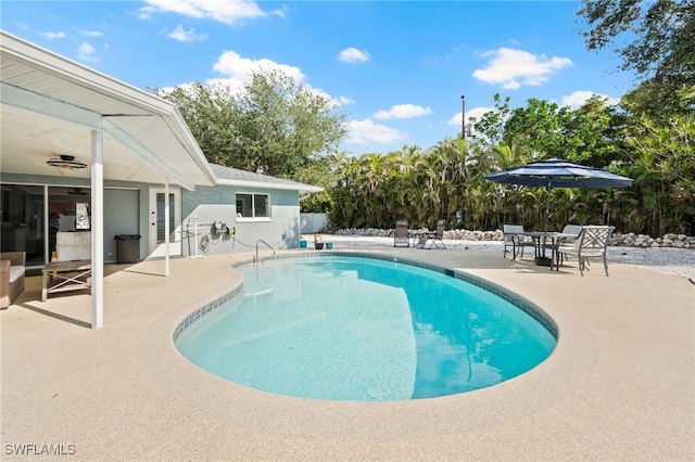 view of swimming pool featuring a patio area