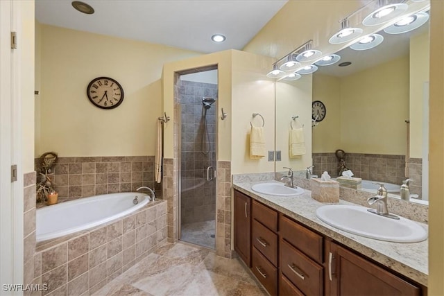 bathroom with vanity, separate shower and tub, and tile patterned flooring