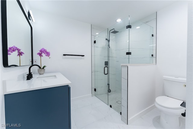 bathroom with a shower with door, toilet, and vanity