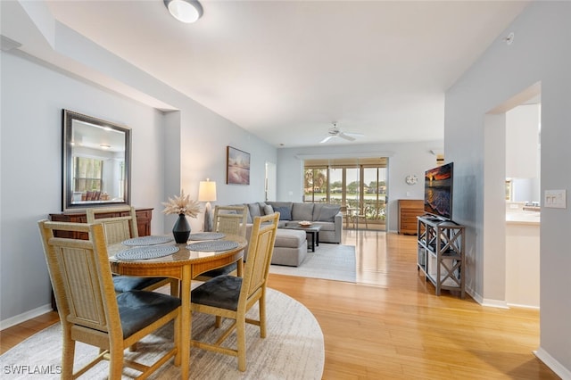 dining room with ceiling fan and light hardwood / wood-style floors