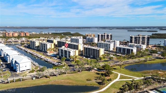 aerial view featuring a water view