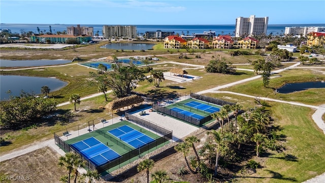 bird's eye view with a water view