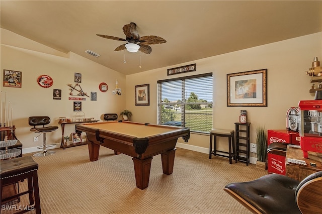 game room featuring ceiling fan, billiards, light carpet, and vaulted ceiling