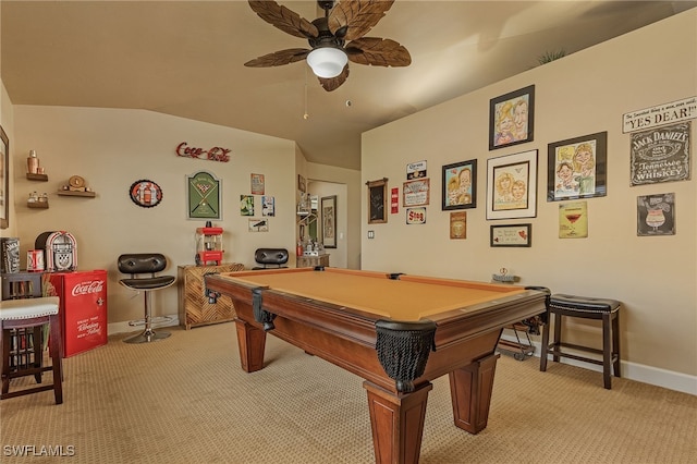 recreation room featuring light carpet, pool table, lofted ceiling, and ceiling fan