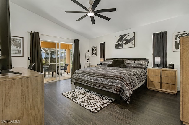 bedroom featuring ceiling fan, lofted ceiling, dark hardwood / wood-style flooring, and access to outside