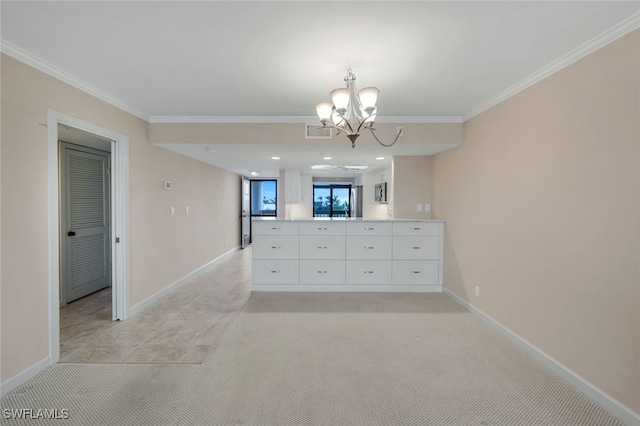 2777 W Gulf Dr Unit 309, Sanibel, FL 33957 - interior space featuring a chandelier, light carpet, baseboards, and ornamental molding