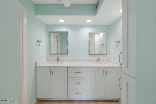 2777 W Gulf Dr Unit 309, Sanibel, FL 33957 - bathroom with ceiling fan, double vanity, recessed lighting, and a sink