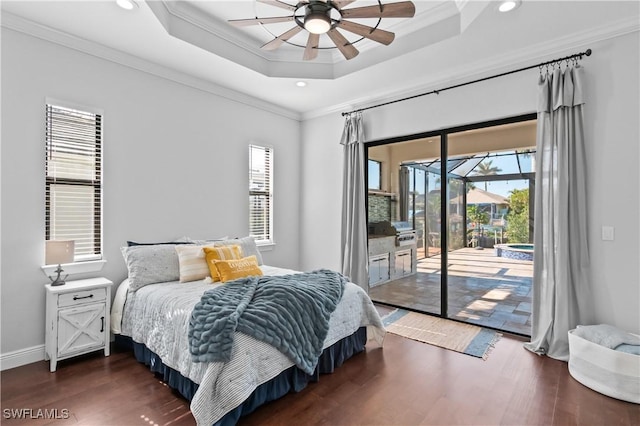 bedroom with a raised ceiling, access to exterior, ceiling fan, and multiple windows