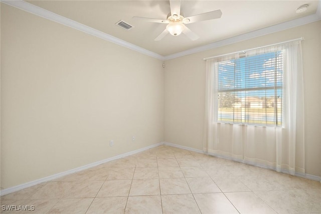 empty room with crown molding, light tile patterned floors, and ceiling fan