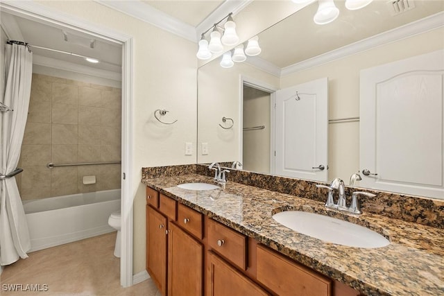 full bathroom featuring shower / bathtub combination with curtain, crown molding, tile patterned flooring, vanity, and toilet