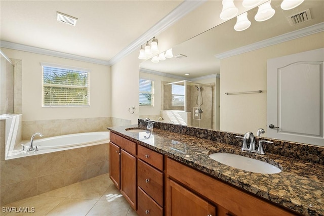 bathroom with shower with separate bathtub, a healthy amount of sunlight, vanity, and crown molding