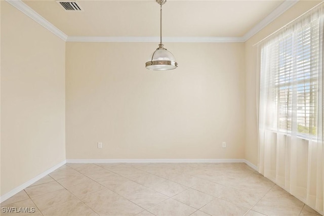 empty room featuring light tile patterned floors, baseboards, visible vents, and ornamental molding