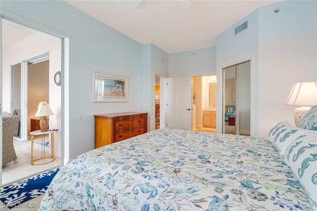 bedroom with ceiling fan, a closet, and connected bathroom