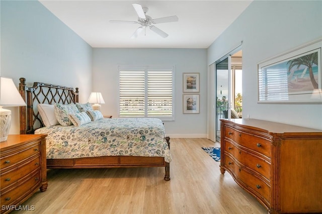 bedroom featuring ceiling fan and light hardwood / wood-style flooring