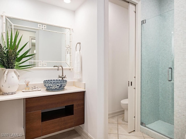 bathroom with tile patterned flooring, vanity, a shower with door, and toilet